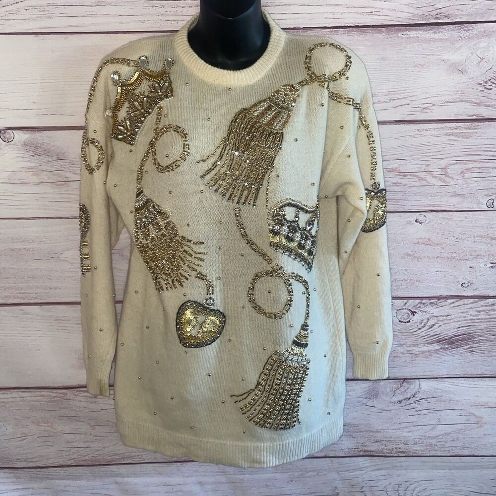 Vintage Marisa Christina Sweater M Angora Lambswool Beaded Sequin Purse Tassel